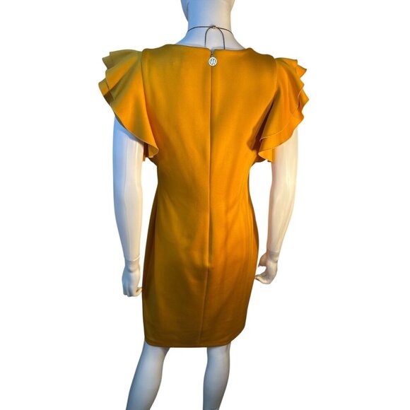Tommy Hilfiger Mustard Ruffle Sleeve Shift Midi Dress Size 10 Polyester EUC - Picture 5 of 11